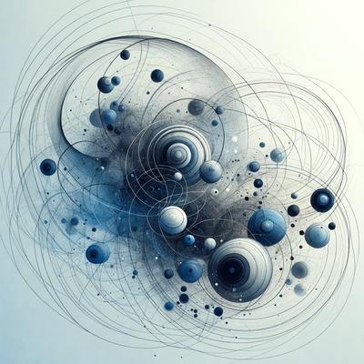 The primary subject of the image is a blue and white drawing of a space scene. The drawing features various celestial bodies, including planets and stars, arranged in a circular pattern. The setting is a white background, which provides a clean and minimalist appearance to the artwork. The visual style is a combination of digital art and illustration, creating a unique and intricate design. The colors and mood of the drawing are predominantly blue and white, giving it a calm and serene atmosphere.